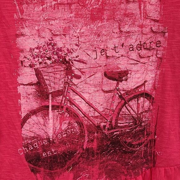 Paris Bike Hot Pink Burnout Tee Ruffled Hem 🚲 Bicycle Print Women's Knit Top - Picture 2 of 9